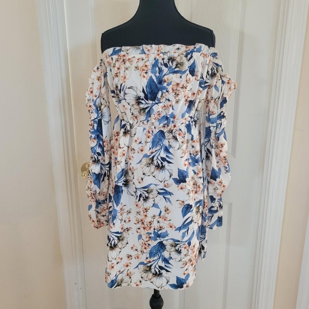 Floral Off-Shoulder Long Sleeve Mini Dress Cottagecore Western Boho Size M/L